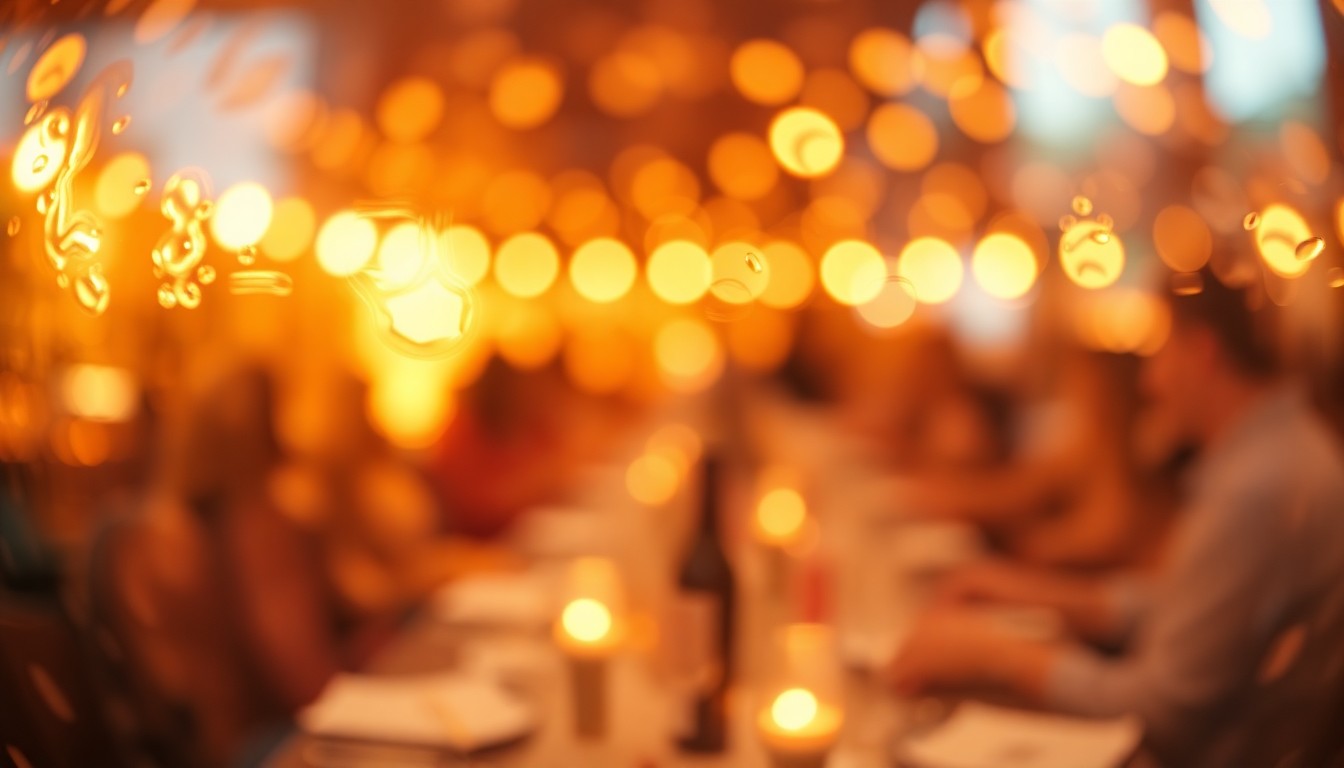 An abstract, impressionistic photograph of blurred, warm-toned shapes and pools of light, conceptually representing the cozy, celebratory atmosphere of a wine tasting event.