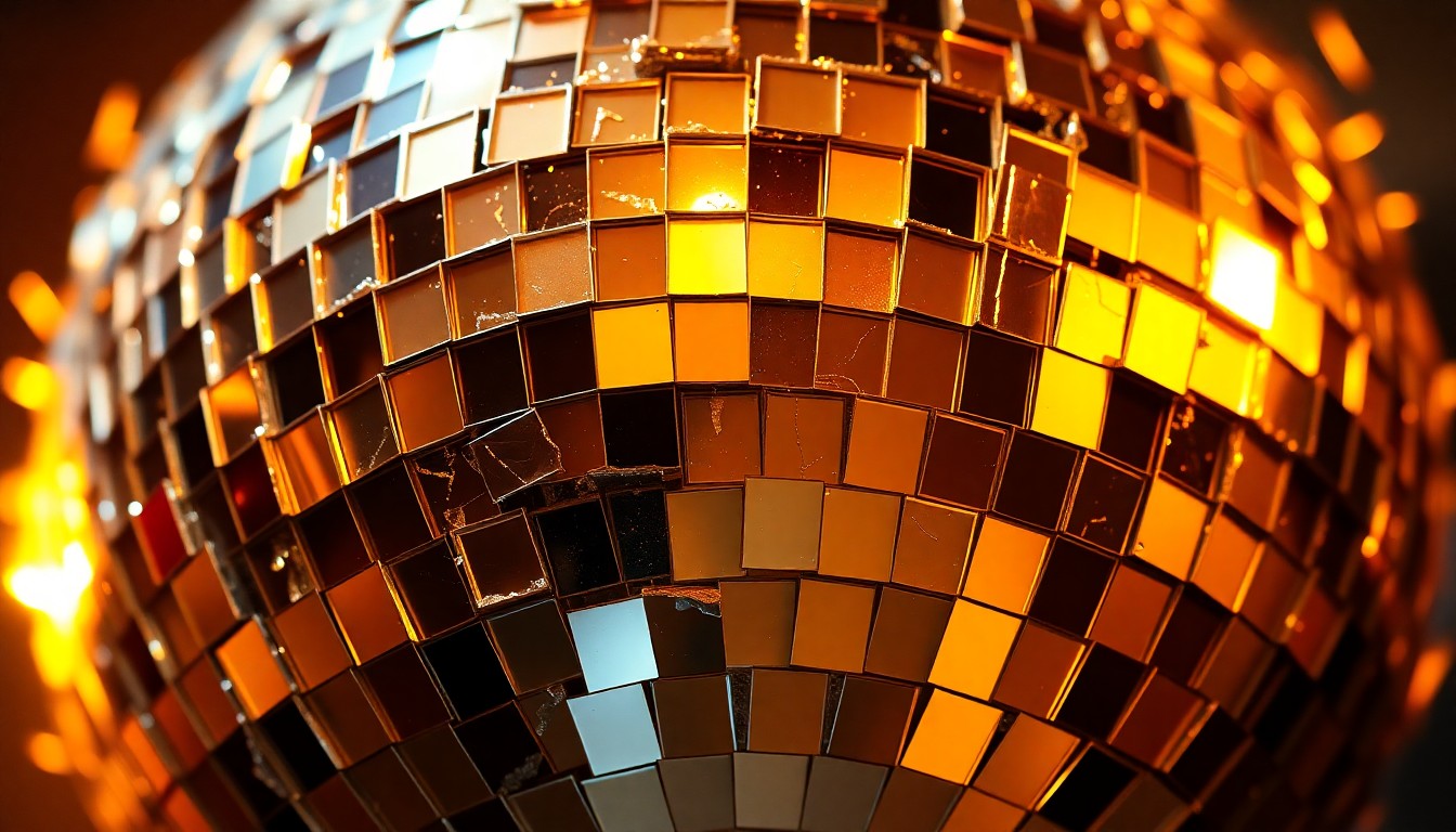 An extreme close-up photograph of shattered, glittering glass fragments reflecting warm, golden light, conceptually representing the vibrant, multifaceted nature of Joe Jackson's musical career.