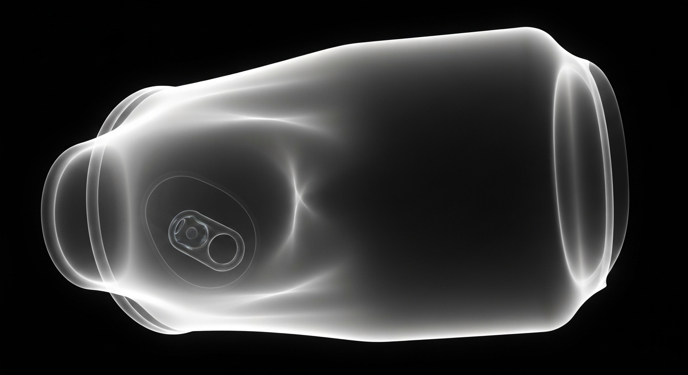 A ghostly, translucent X-ray image of an energy drink can, its internal structure glowing against a dark background, hinting at the potential dangers of high caffeine levels.