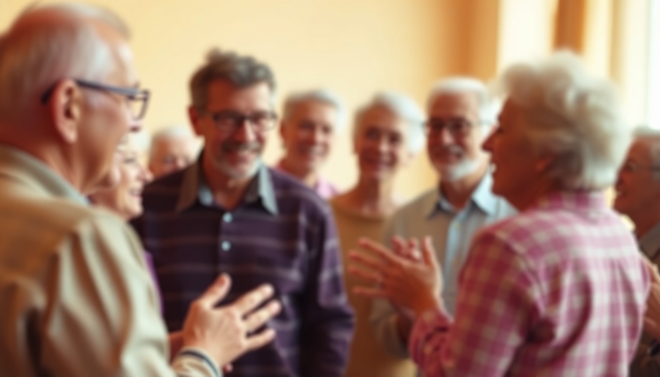 An abstract, impressionistic photograph of a group of people in conversation, their forms and features blurred into soft, colorful shapes and pools of light.