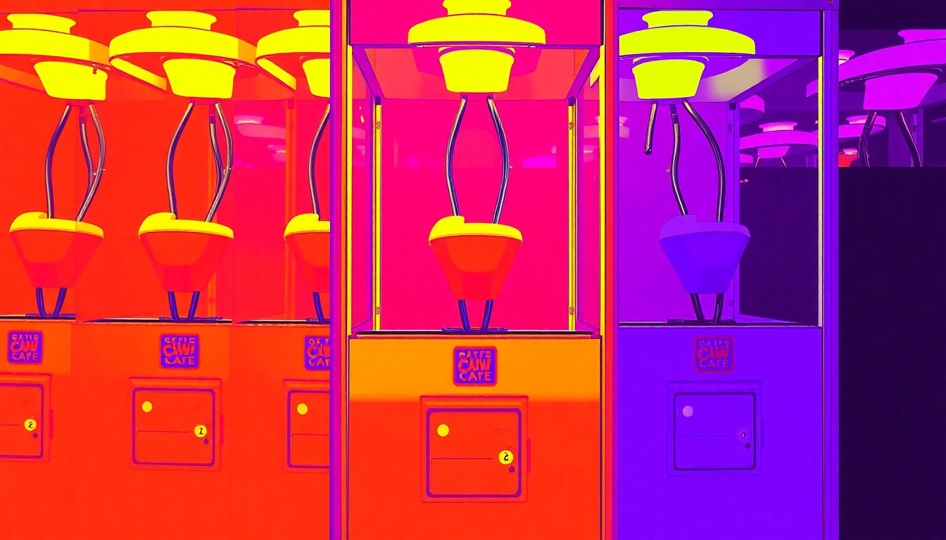 A bold, colorful silkscreen-style illustration featuring a repeated pattern of a single iconic arcade claw machine, rendered in a high-contrast, neon-tinged palette that evokes the playful, retro aesthetic of the new Fantasy Claw Arcade opening at Easton Town Center.