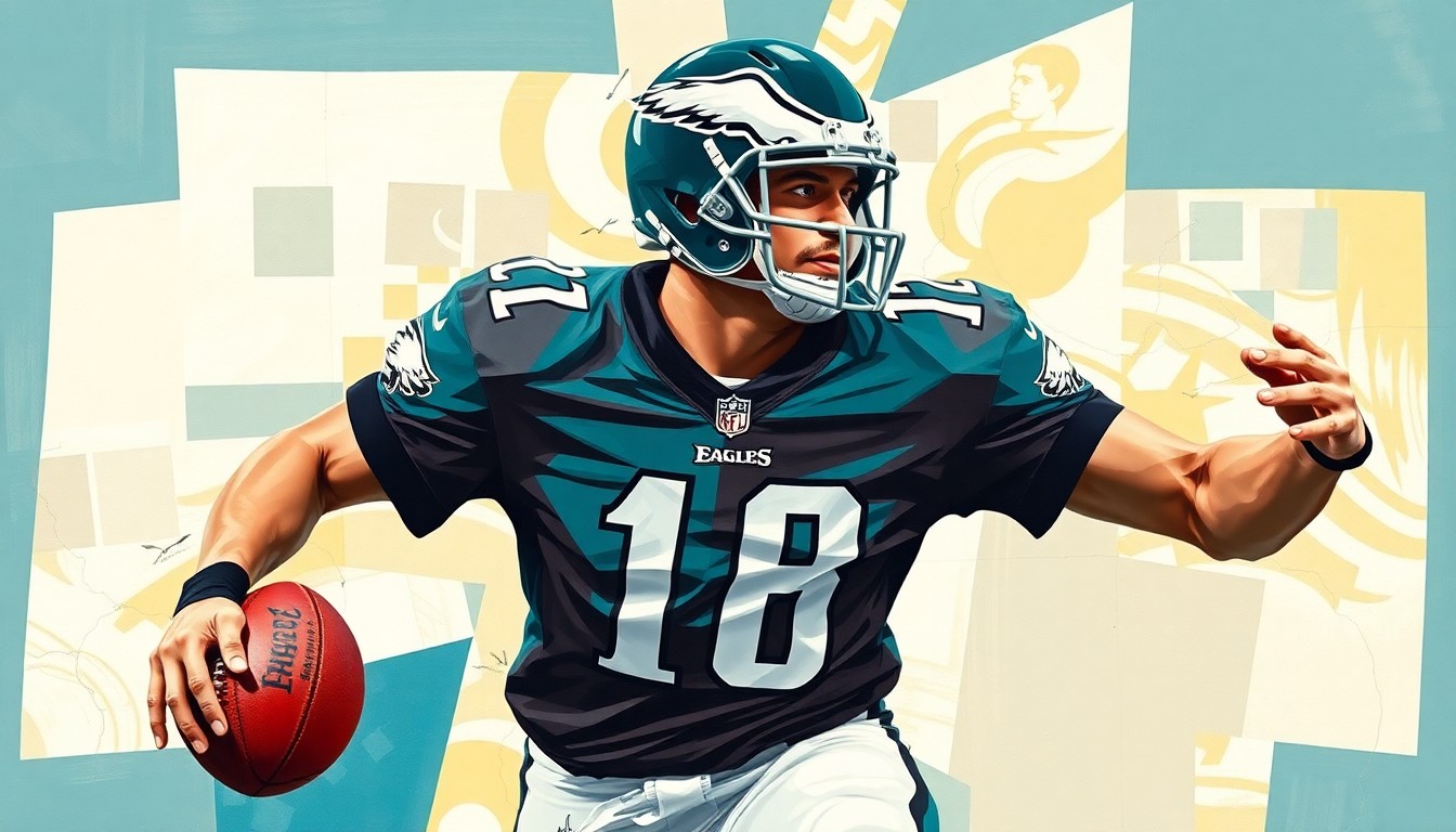 A fractured, multi-perspective painting depicting the movements and actions of a football player in sharp, overlapping geometric planes, with the player's jersey featuring the colors of the Philadelphia Eagles.