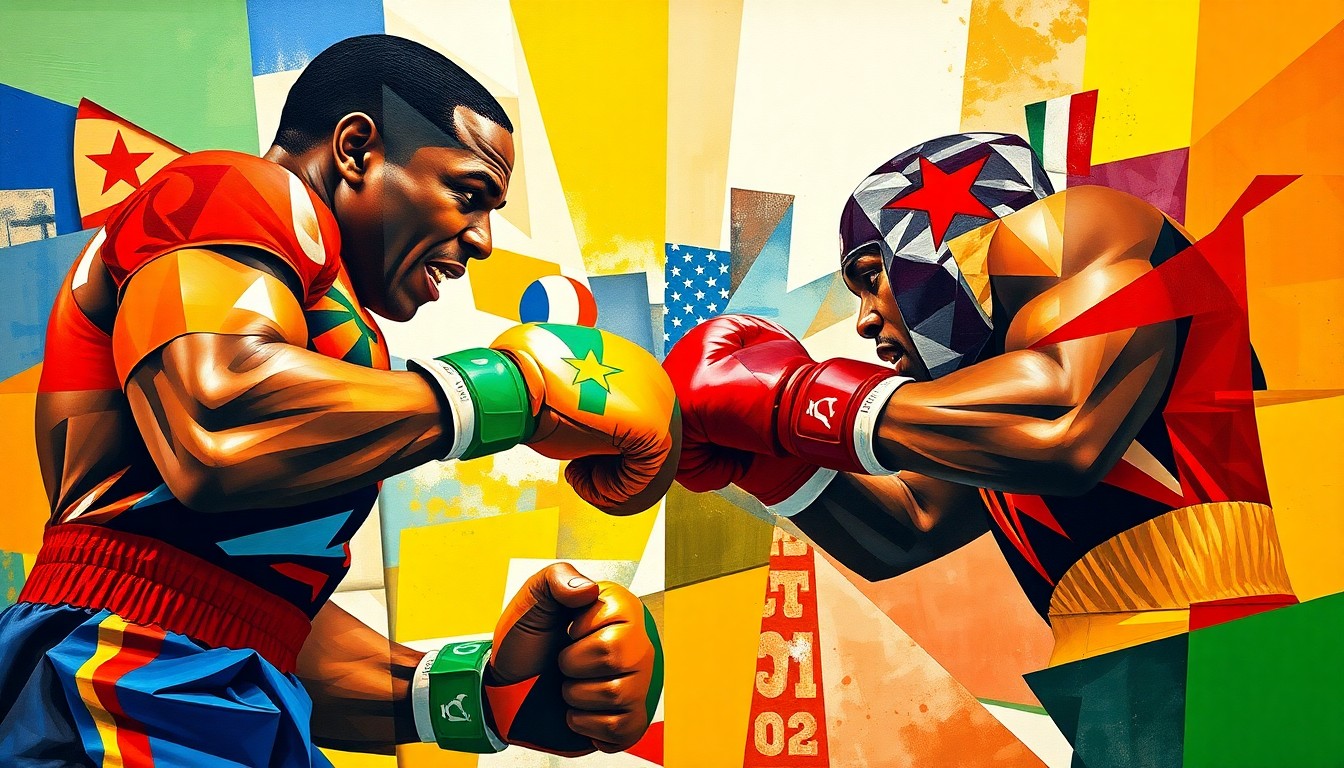 A cubist-style painting depicting a boxing match between two heavyweight fighters, with their figures broken down into sharp, overlapping geometric shapes in vibrant colors.