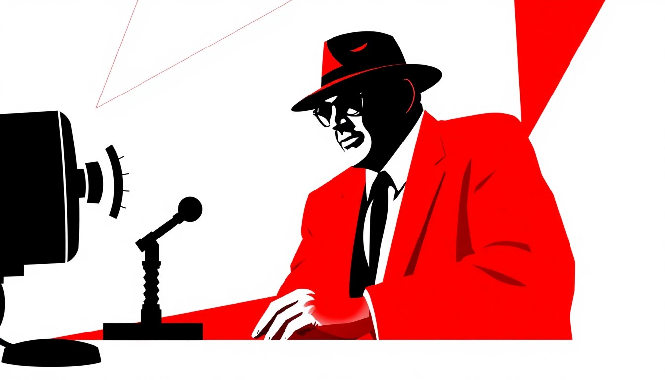 A striking abstract composition of bold, jagged black silhouettes and geometric shapes in a high-contrast palette, conceptually representing the comeback of a veteran radio personality.