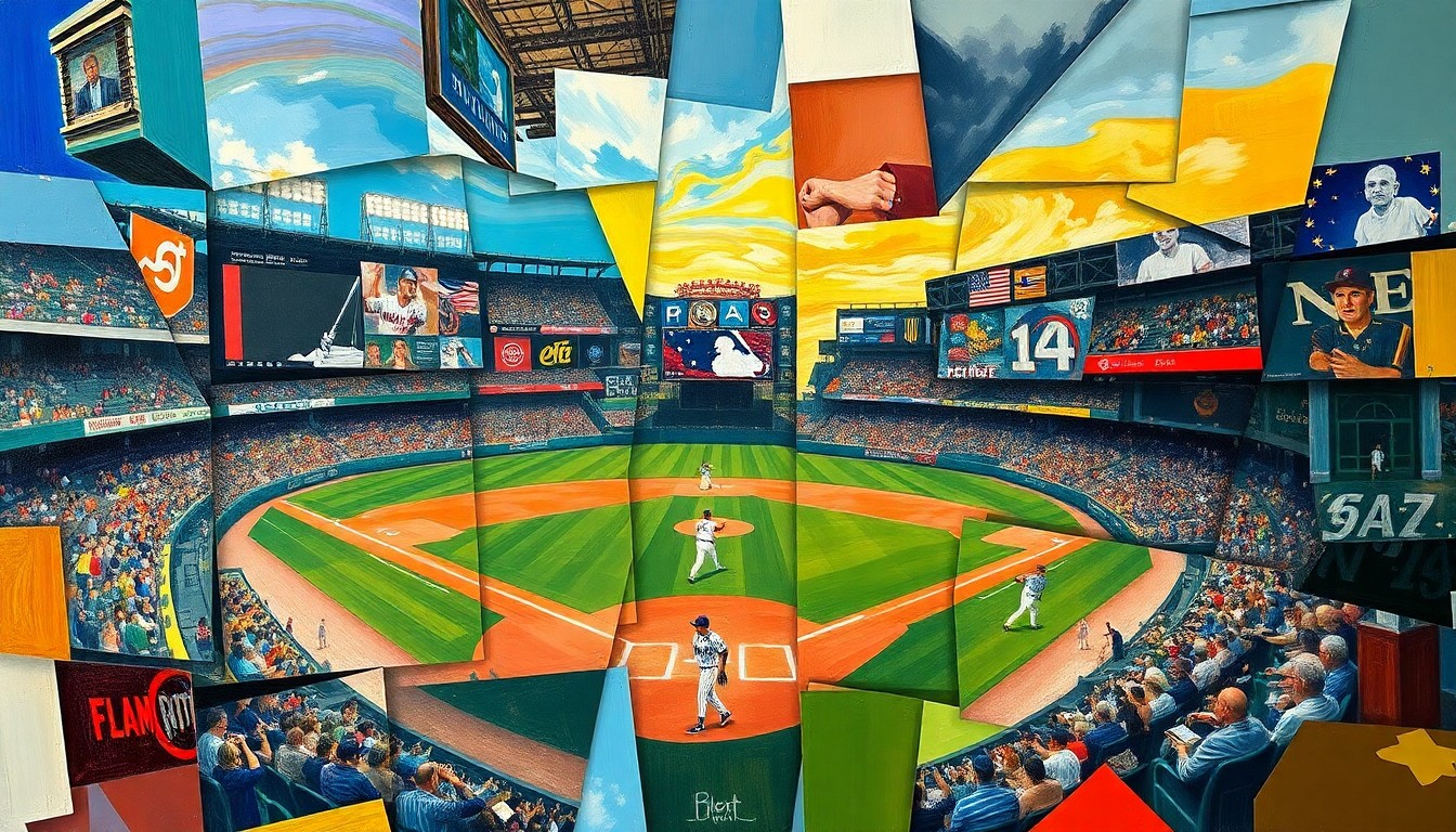 A cubist, geometric painting depicting a baseball game or match, with the action broken down into sharp, overlapping planes of color and shape, conveying the complex and multifaceted nature of early-season fantasy baseball insights.