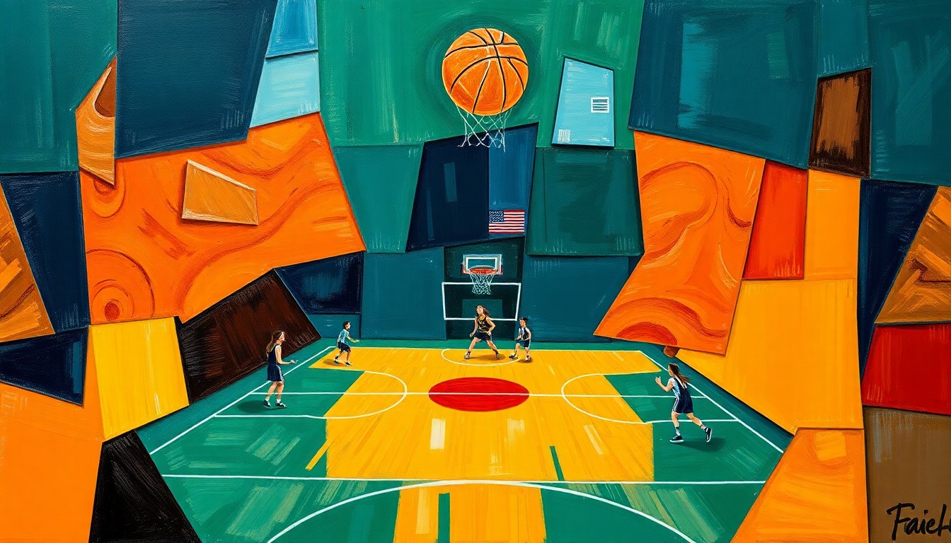 A cubist-style painting depicting a fragmented, geometric representation of a girls' basketball game, with sharp planes of navy blue, forest green, and burnt orange, conveying the dynamic energy and strategic complexity of the sport.