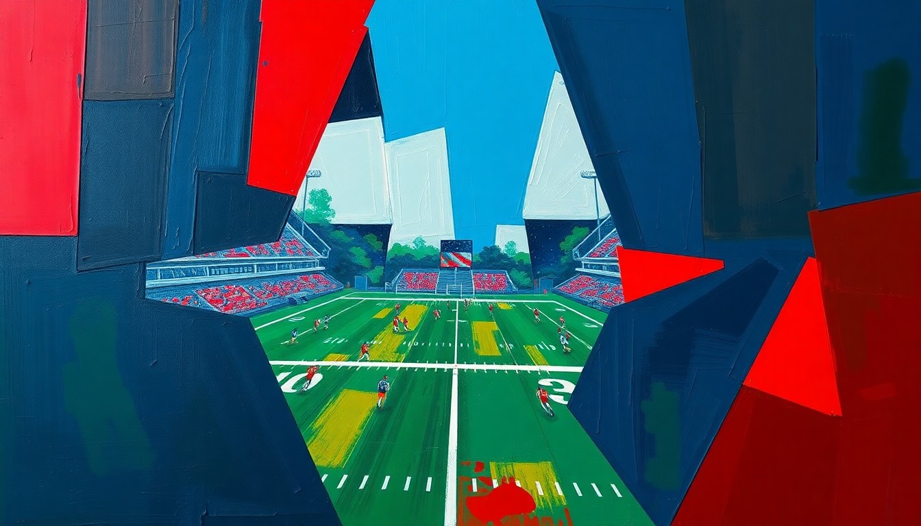 A fragmented, cubist-style painting depicting a high school football game, with the players and field broken down into sharp, overlapping geometric shapes in shades of blue, green, and red, conveying the intricate dynamics and rules governing competitive high school sports.