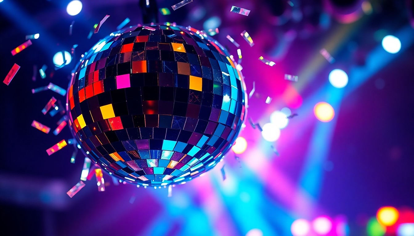 An extreme close-up of shattered disco ball fragments reflecting multicolored stage lights, capturing the vibrant, high-energy atmosphere of a music festival.