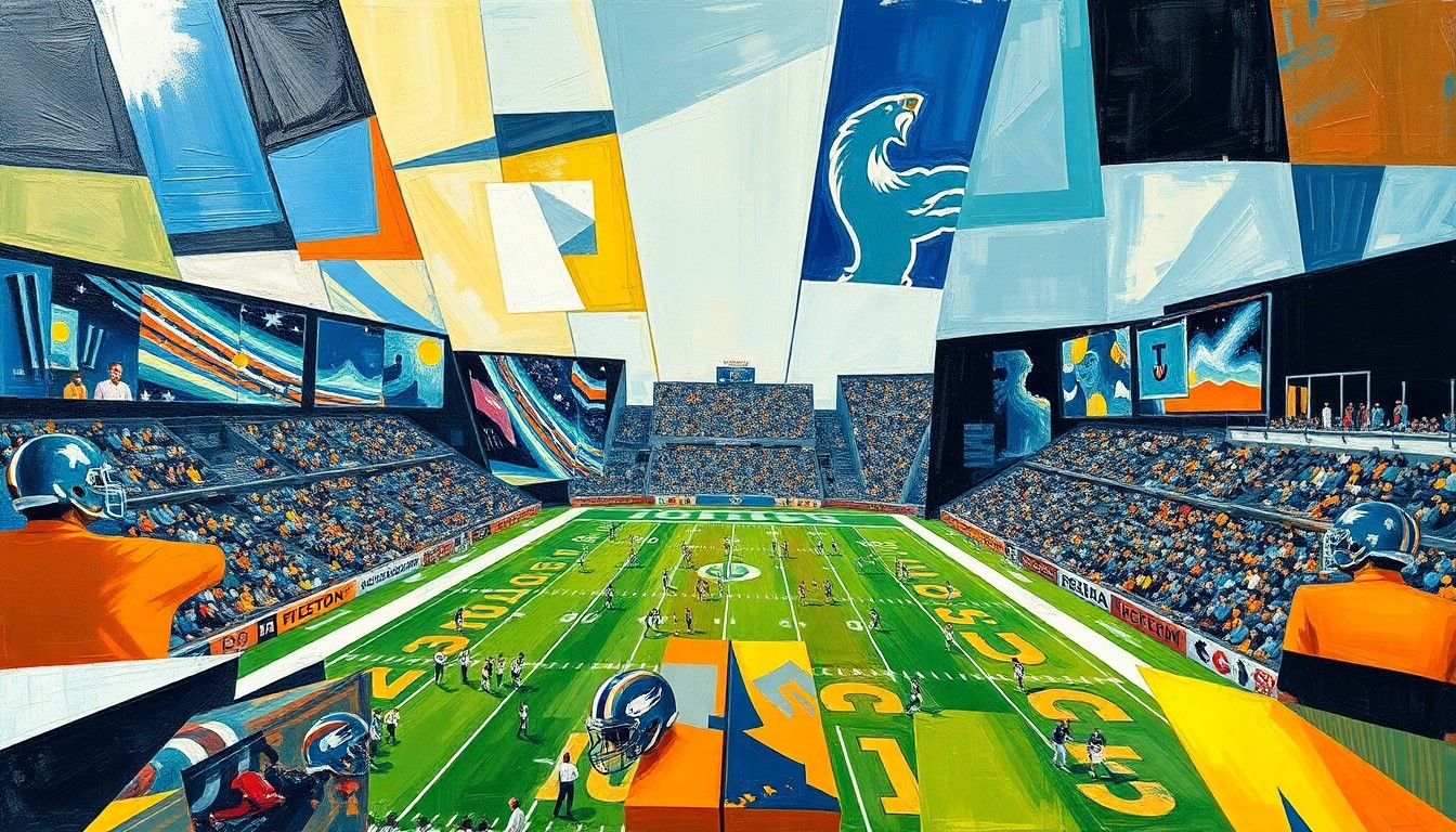 A cubist-style painting featuring overlapping geometric shapes and planes in various shades of blue, green, and red, conceptually representing the complex and multifaceted nature of Florida State's transfer portal experience in the 2025 season.