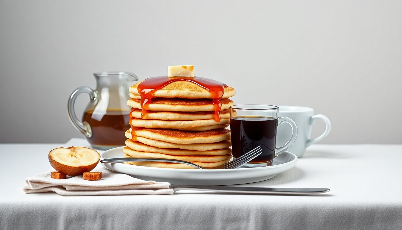 A high-end, photorealistic studio still-life photograph featuring a selection of premium breakfast ingredients and tableware, including a stack of pancakes, a pitcher of maple syrup, a cup of coffee, and a fork and knife, arranged elegantly on a clean, monochromatic background, conceptually representing the refined, high-quality dining experience that Urban Egg aims to provide.