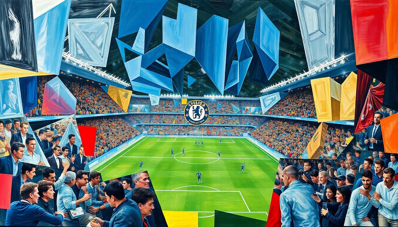 A cubist, geometric illustration depicting a Chelsea football match, with the players and action broken down into sharp, overlapping planes of color and shape, capturing the dynamic energy and intensity of the game.