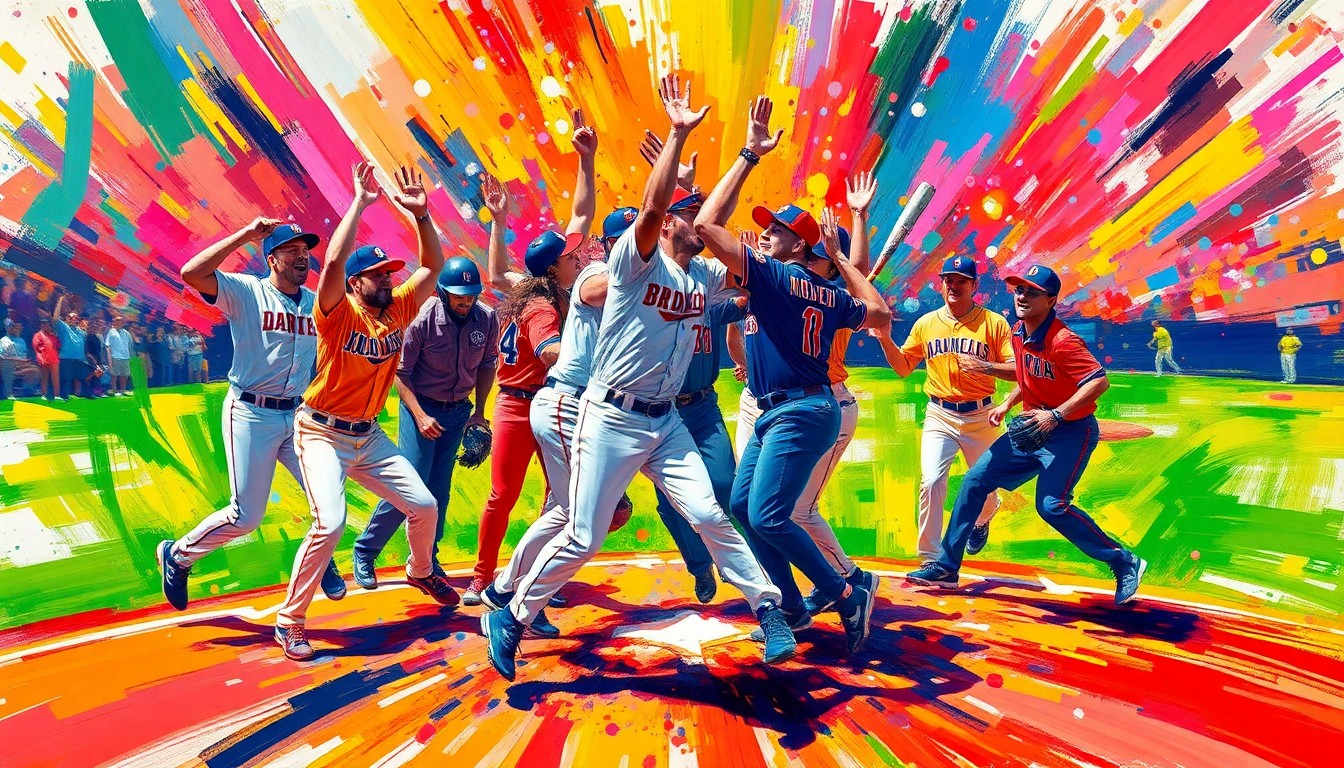 An abstract, energetic painting featuring bold brushstrokes in neon shades of blue, orange, and green, conceptually representing the raw emotion and athletic movement of a pitcher celebrating a big win.