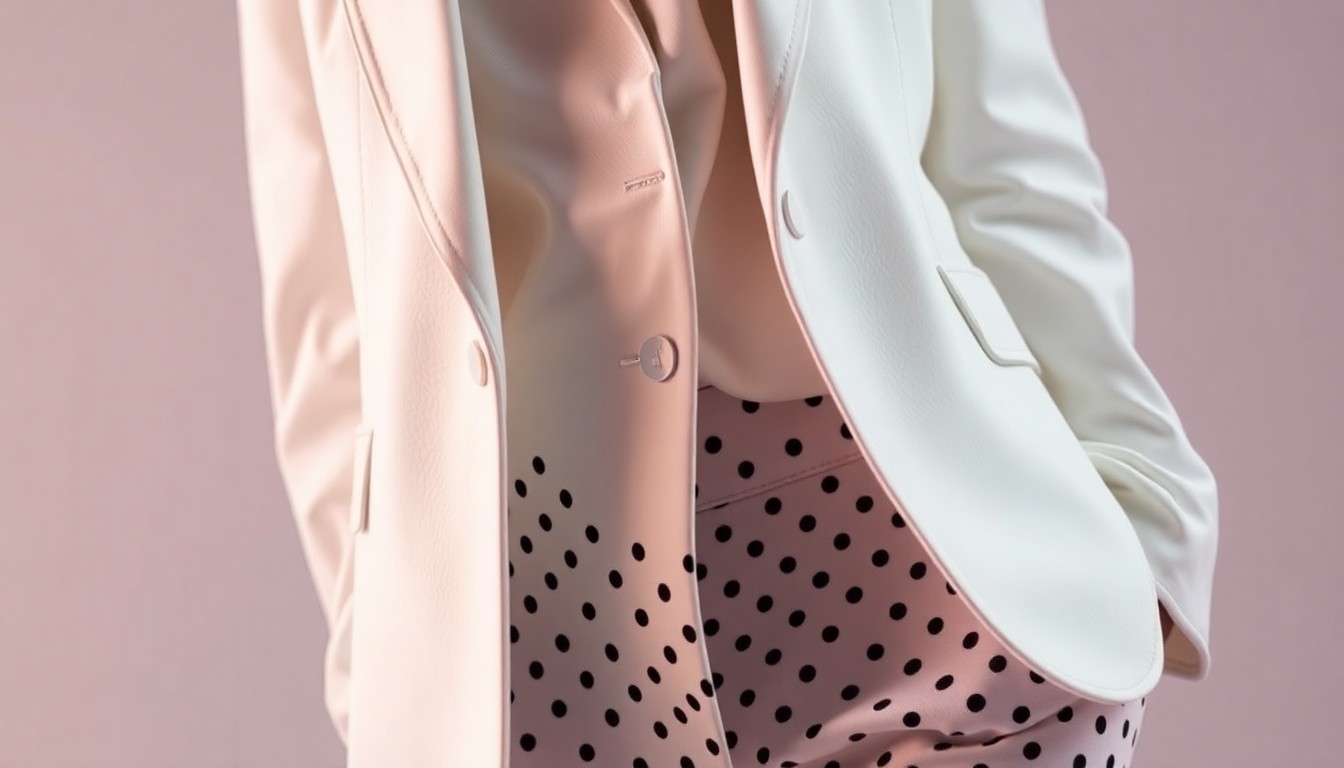 An extreme close-up of Barbara Bain's chic white blazer and polka dot trousers, captured in dramatic, high-contrast lighting to create a glamorous, high-fashion aesthetic.