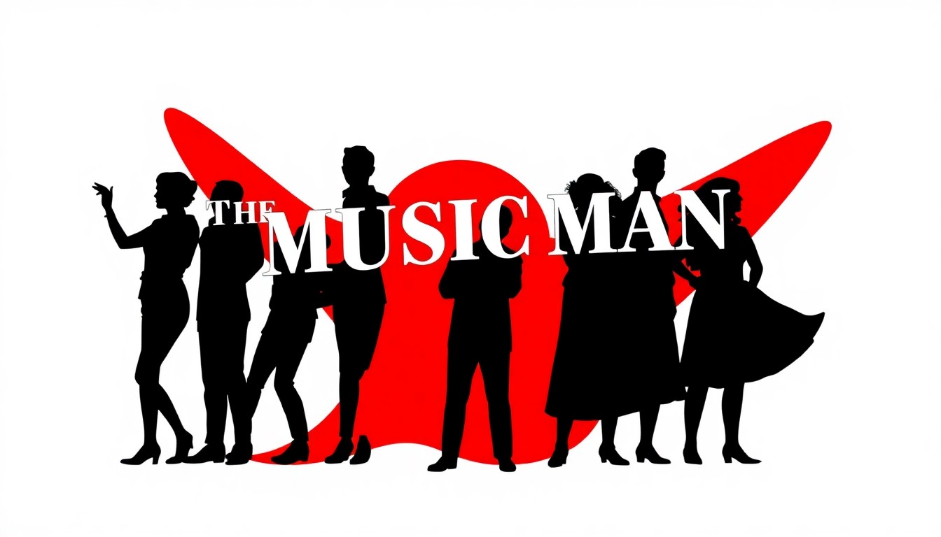 A minimalist, abstract illustration featuring bold black silhouettes and high-contrast red and white geometric shapes, conceptually representing the classic musical theater production of 'The Music Man'.