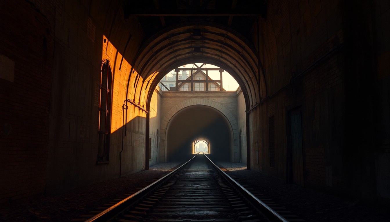 A photorealistic painting of an old, crumbling railroad tunnel entrance partially obscured by shadows, conveying a sense of neglect and the need for infrastructure investment.