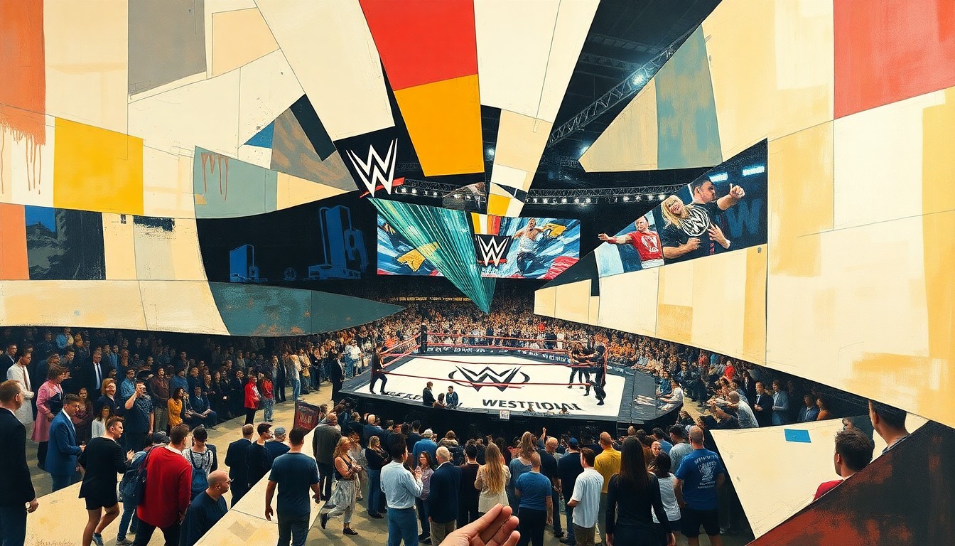 A cubist, fragmented painting depicting a wrestling match or event, with sharp, overlapping geometric shapes and planes in a variety of bold colors, capturing the raw energy and spectacle of professional wrestling.