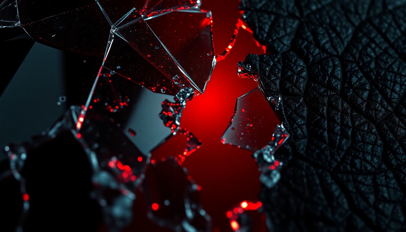 An extreme close-up photograph of shattered glass and cracked leather, reflecting a dim red light, conceptually representing the violent confrontation between Gucci Mane and Pooh Shiesty.