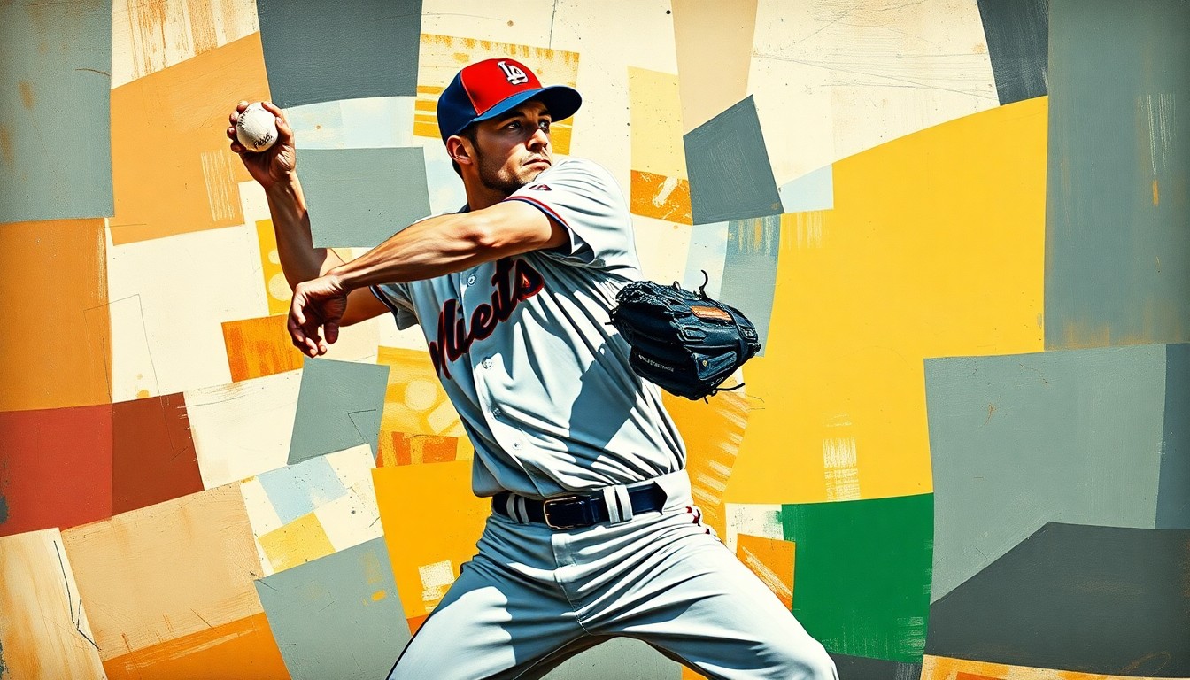 A cubist-style painting depicting a baseball pitcher's motion broken down into overlapping geometric shapes and planes, conceptually representing the Cardinals' strategic approach to roster management.