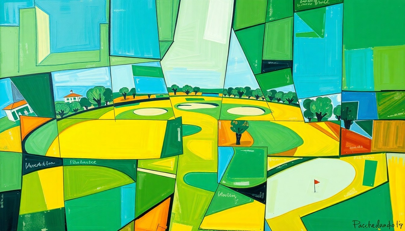 A cubist, geometric painting depicting a fractured, multi-perspective view of a golf tournament, with sharp planes of vibrant green, blue, and yellow colors.