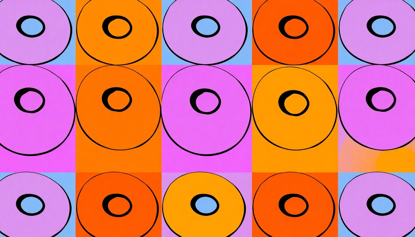 A bold, abstract silkscreen print featuring a repeated pattern of a single, iconic bagel shape in a grid, rendered in a high-contrast palette of neon pink, electric blue, and bright yellow, conceptually representing the energy and creativity of a family-owned business overcoming adversity.