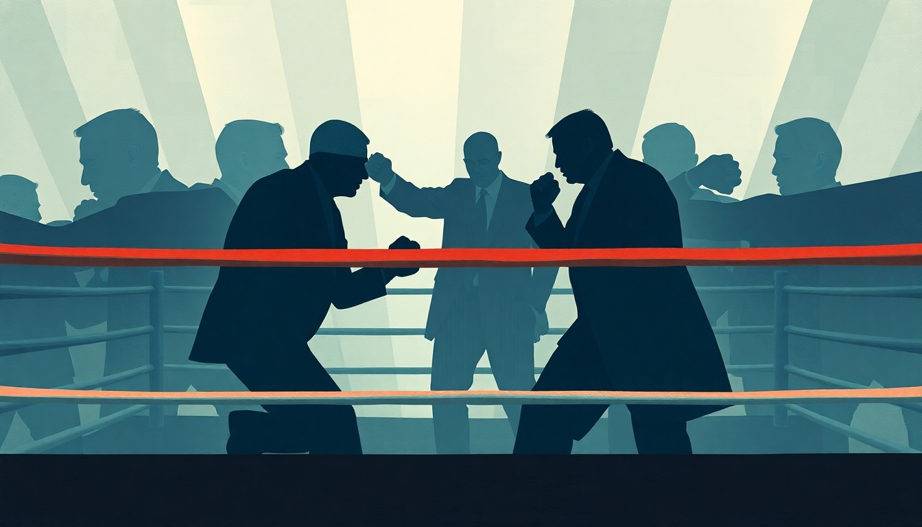 A dynamic, abstract painting featuring three overlapping, shadowy figures in a boxing ring, repeated in geometric waves of muted blues, grays, and greens, conveying a sense of motion and tension around the proposed cage match.