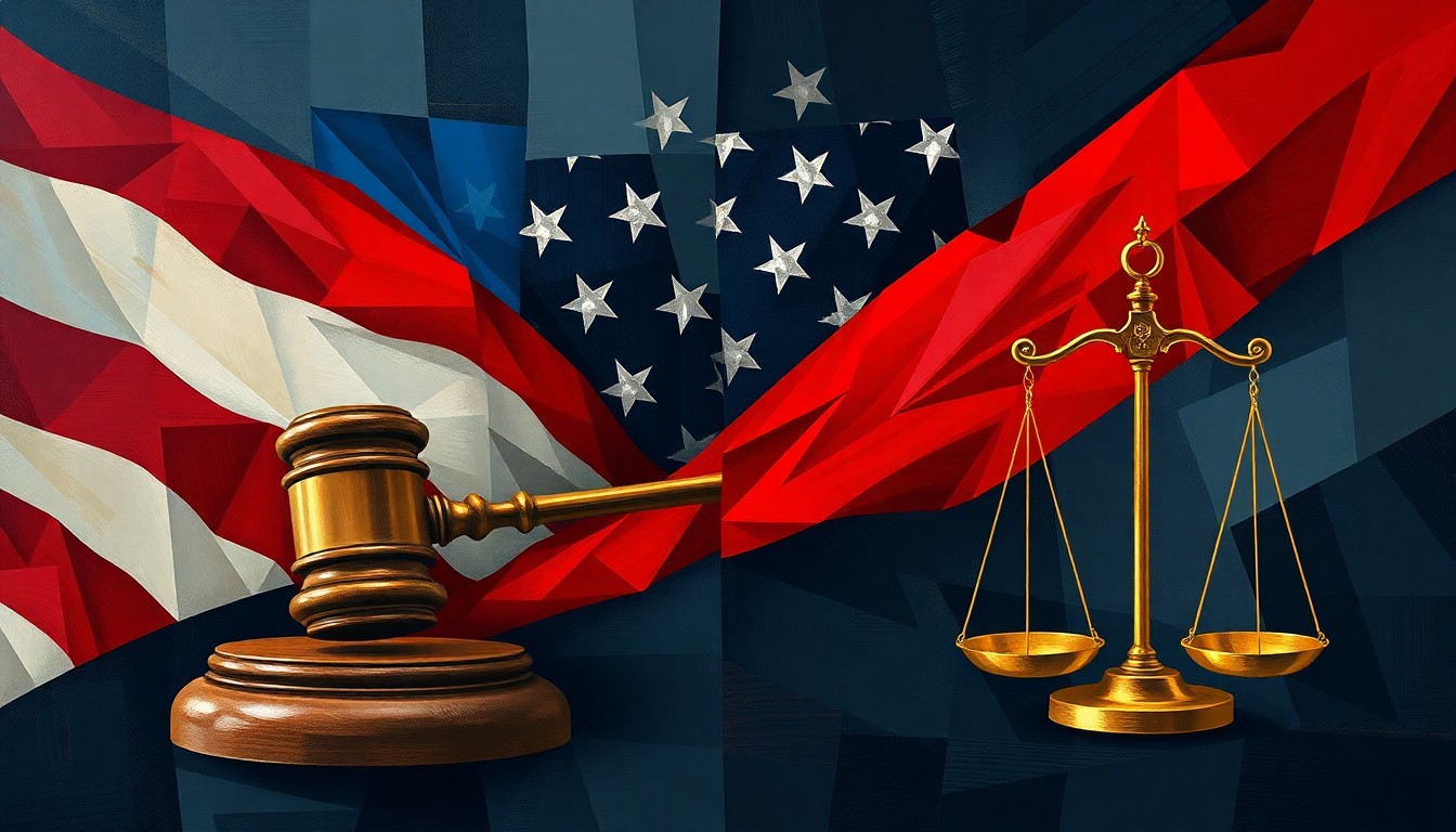 A dynamic, fragmented painting featuring a gavel, American flag, and scales of justice in overlapping geometric shapes and bold colors, conceptually representing the political debate over CAIR's alleged terrorist connections.