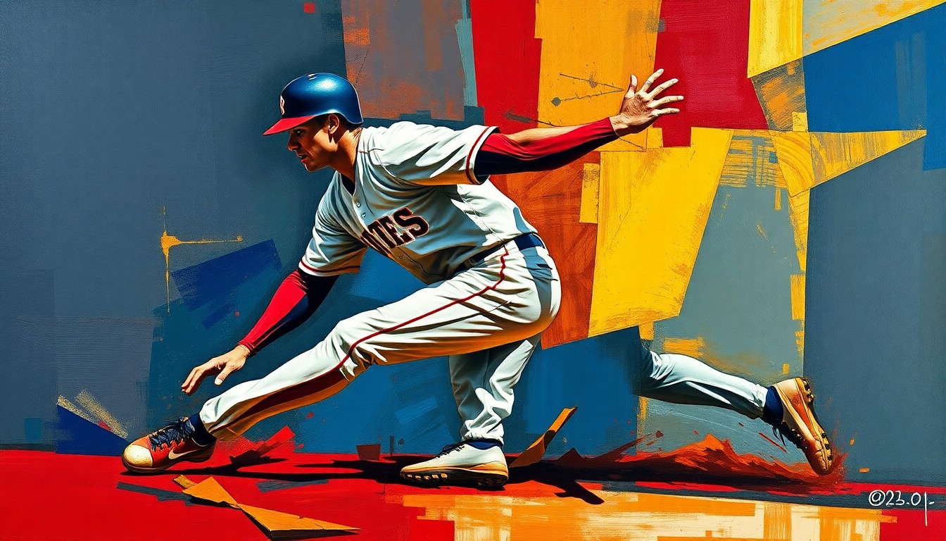 A fractured, cubist-style painting depicting a baseball player sliding into a base, with sharp geometric planes in vibrant colors representing the dynamic energy of the play.