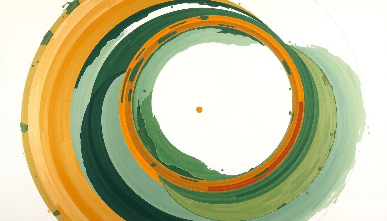 A highly structured abstract painting featuring sweeping geometric arcs, concentric planetary circles, and precise botanical spirals in earthy tones of green, blue, and orange, conceptually representing the design and significance of the Rise mascot during the Artemis II mission.