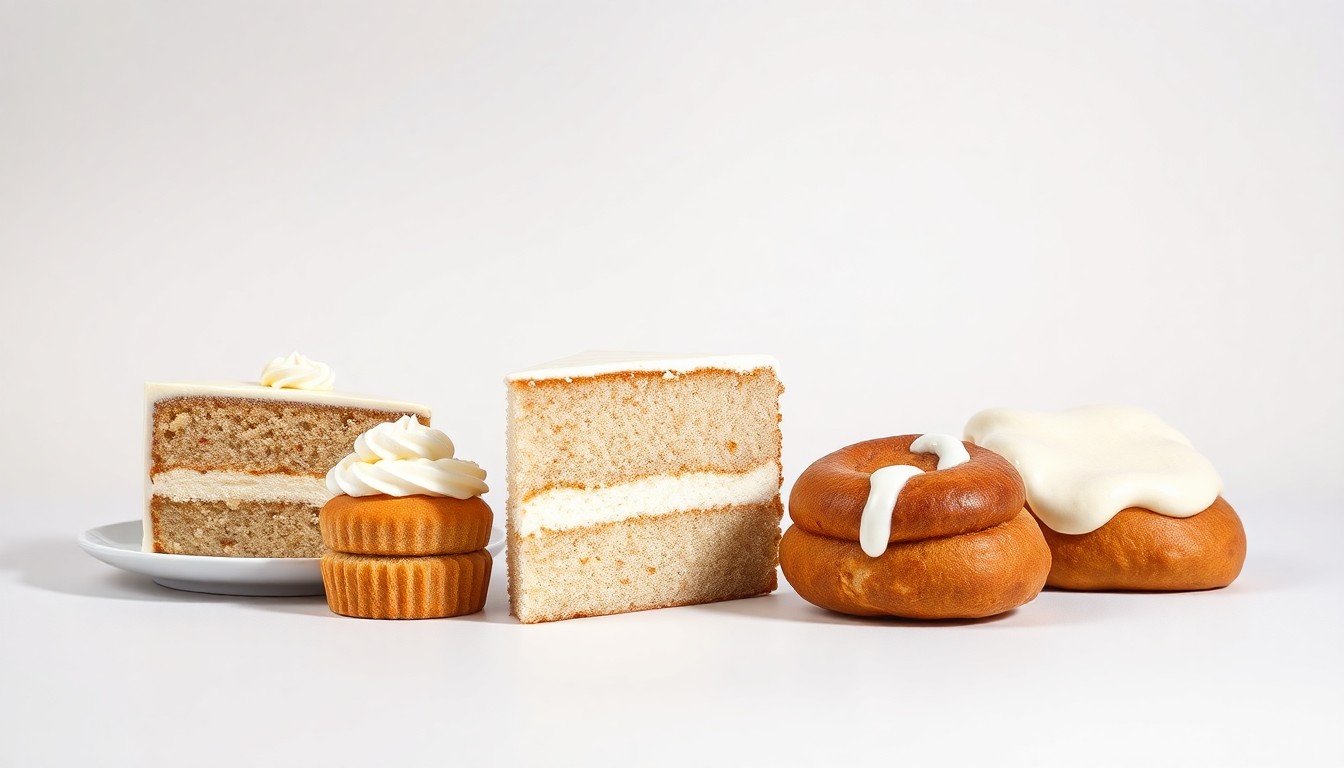 A high-end, photorealistic studio still-life photograph featuring a selection of premium baked goods from the now-closed 'A Slice Above' bakery, including a slice of wedding cake, a cream puff, and a cinnamon roll, arranged elegantly on a clean, monochromatic seamless background with sharp, dramatic lighting and deep shadows.