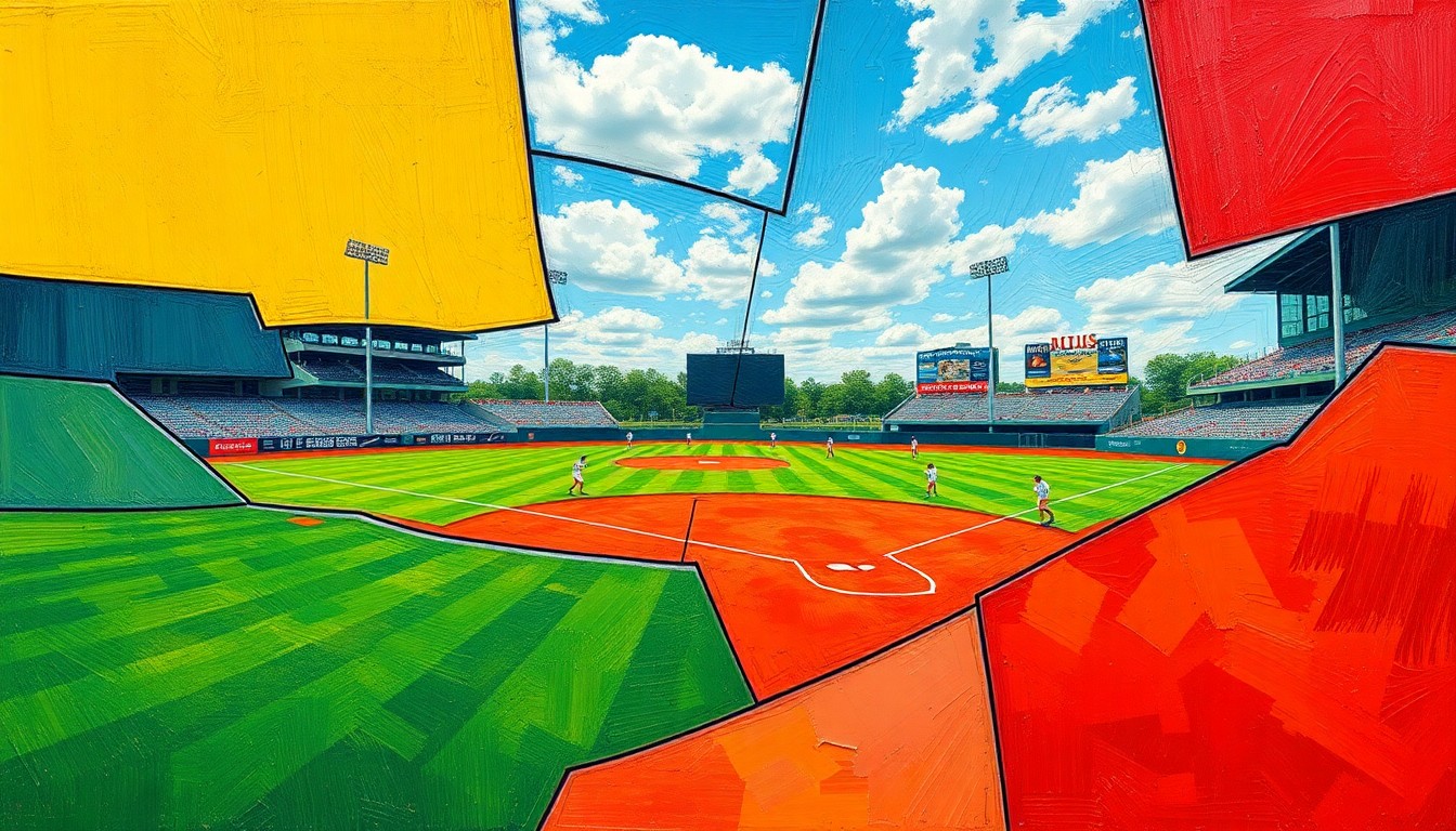 A cubist-style painting depicting a high school baseball game, with the field, players, and sky broken down into overlapping geometric shapes and planes of green, red, and blue.