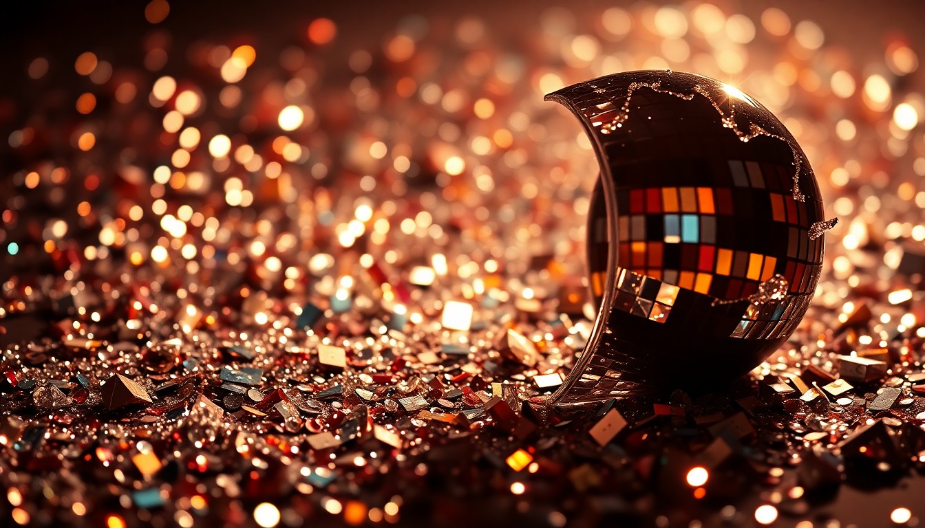 An abstract close-up photograph of shimmering sequins and shattered glass, capturing the high-energy glamour of a music festival.