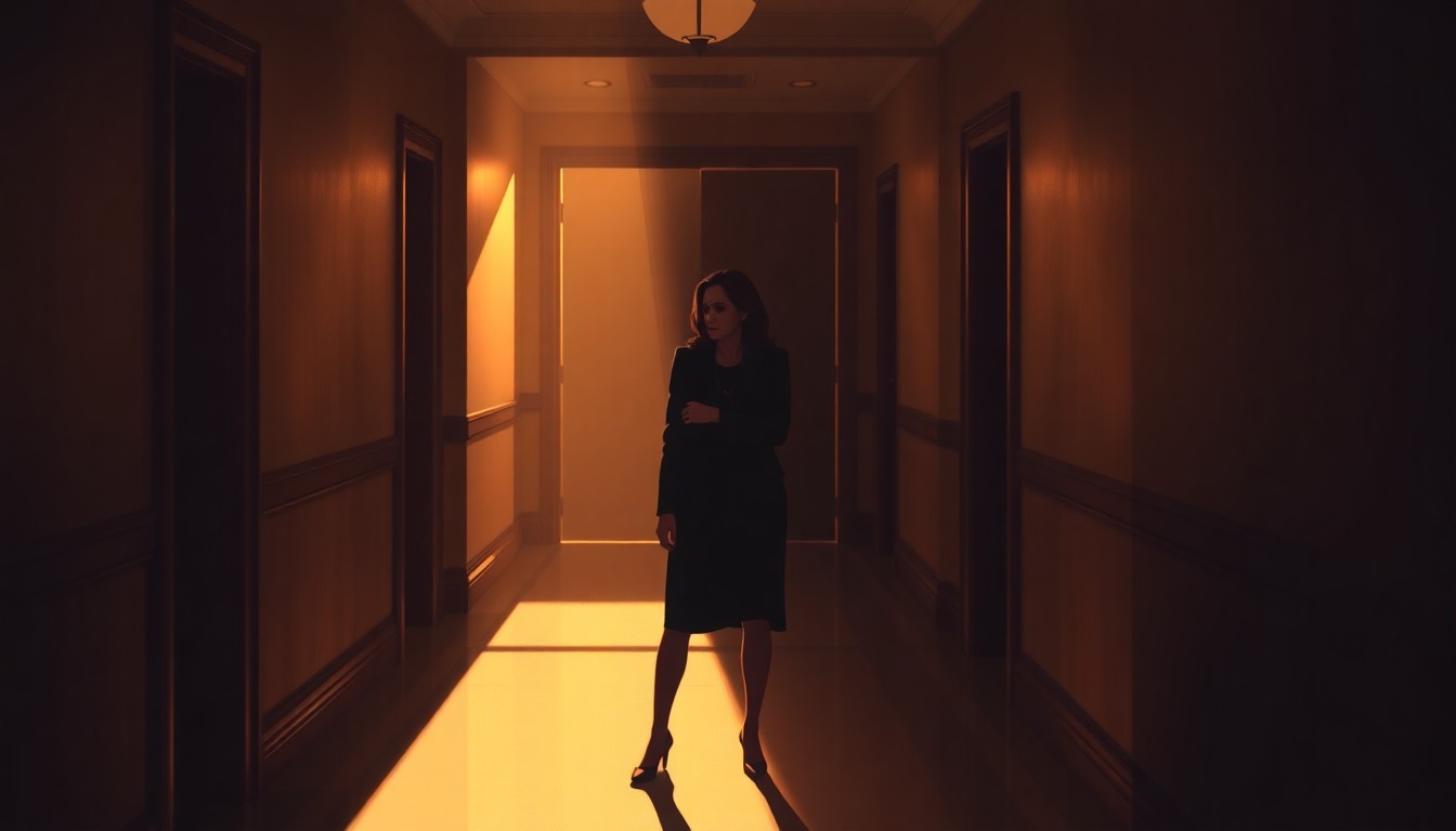 A solitary figure of Kamala Harris standing in a dimly lit government hallway, the warm light casting long shadows and creating a pensive, cinematic mood.
