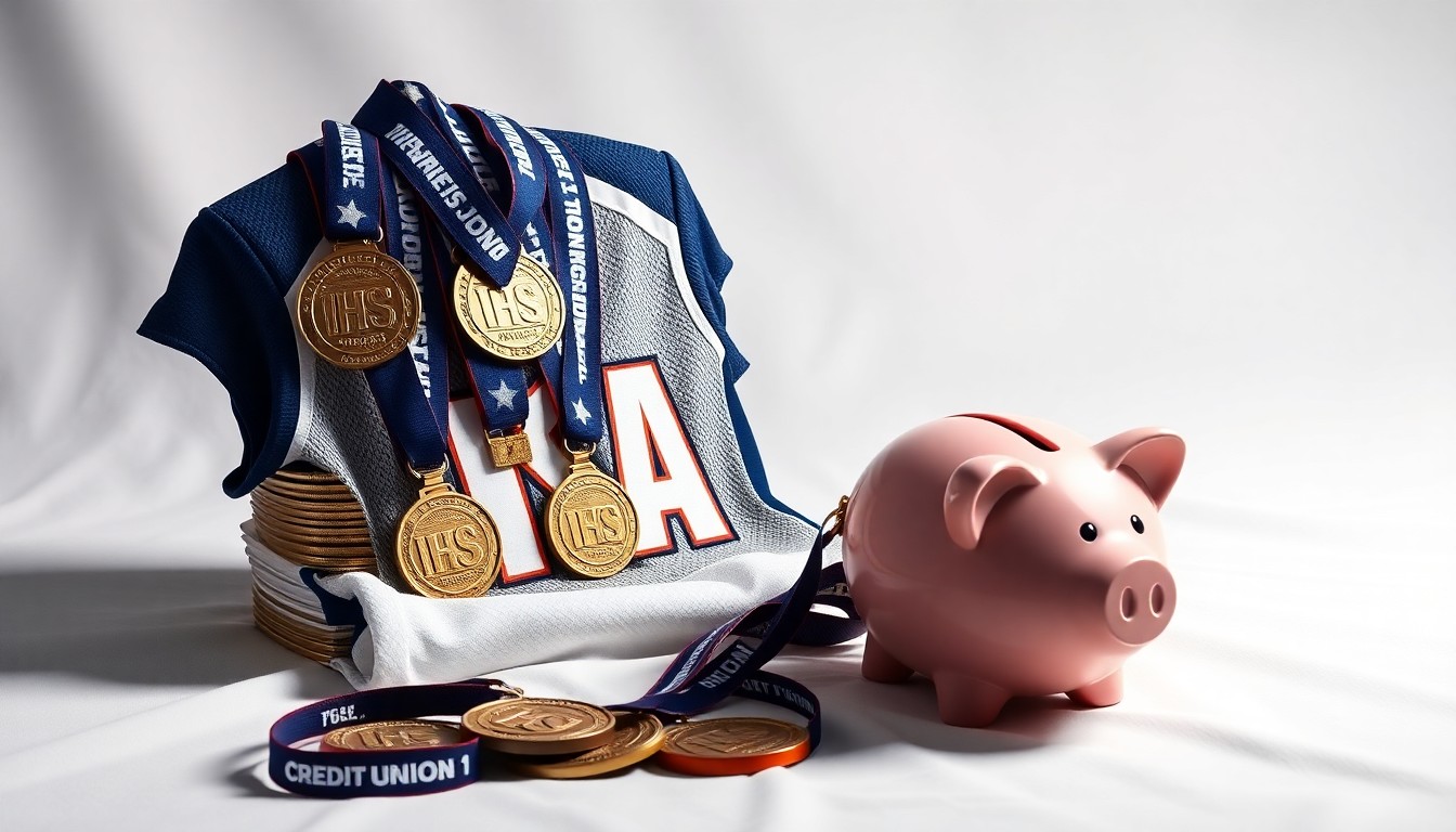 A photorealistic studio still-life featuring IHSA championship medals, a student-athlete's jersey, and a piggy bank, symbolizing the collaboration between the IHSA and Credit Union 1 to support the financial futures of student-athletes.