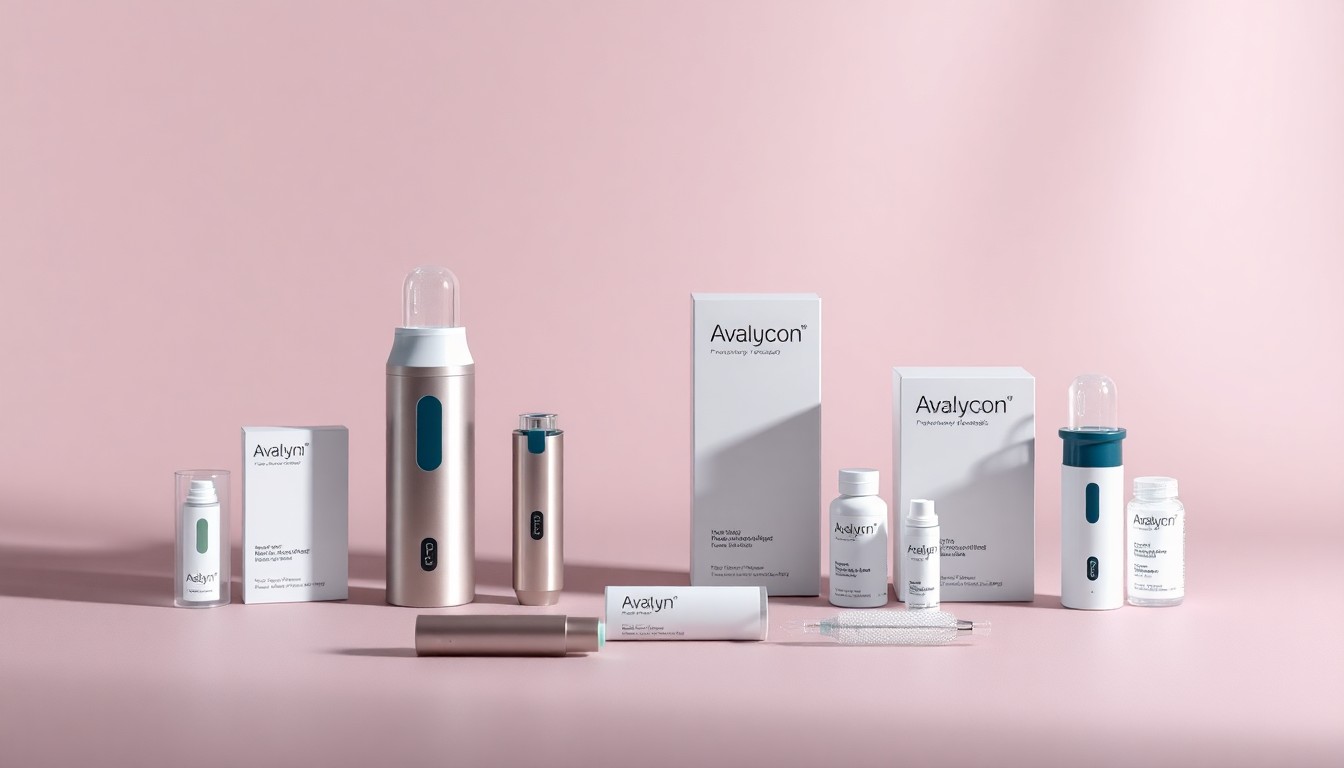 A high-end, photorealistic studio still-life featuring a collection of sleek, premium medical devices and drug packaging arranged elegantly on a clean, monochromatic background, conceptually representing Avalyn Pharma's innovative inhaled therapies for pulmonary fibrosis.