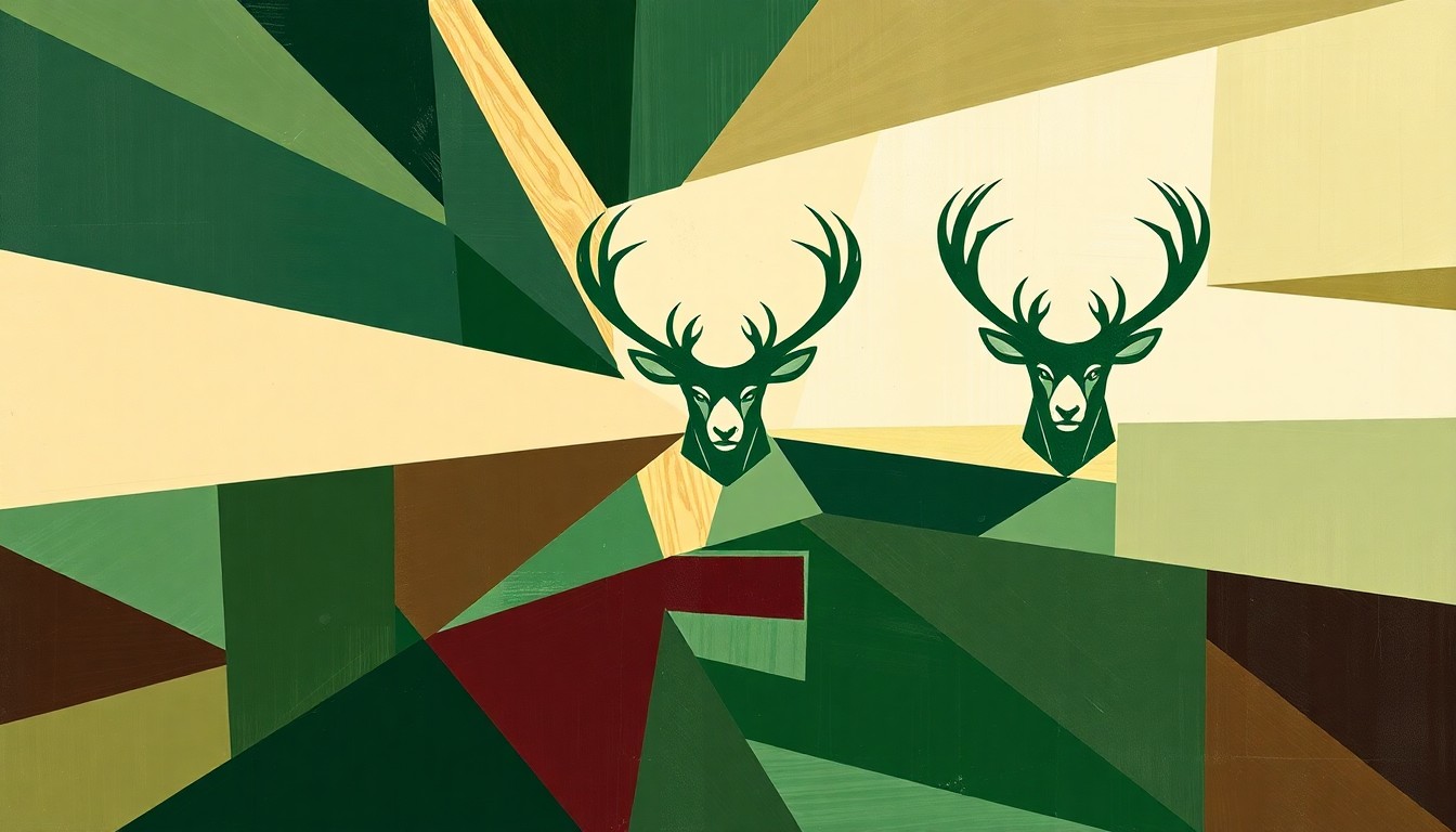 A fractured, geometric painting in shades of green, cream, and burgundy, depicting the dynamic motion and overlapping perspectives of a basketball game or match.