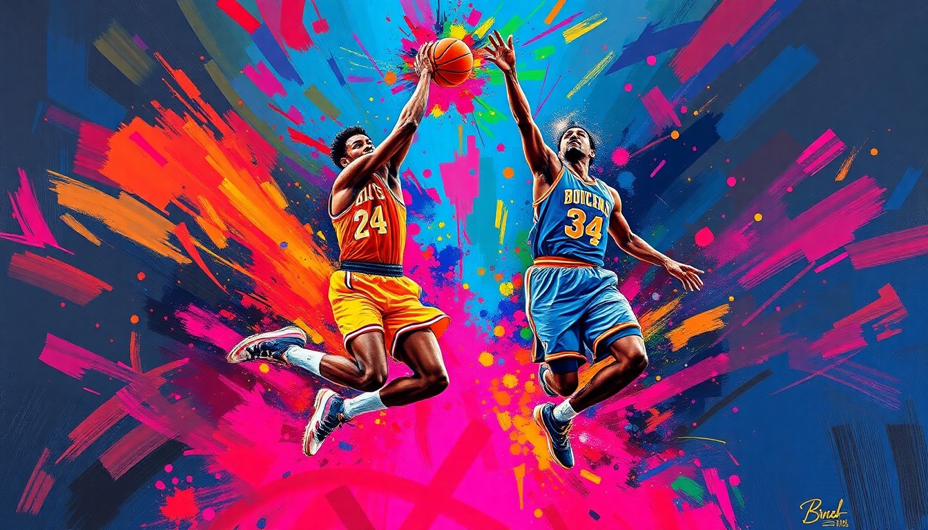 An abstract, energetic painting featuring two basketball players in mid-jump, their forms and movements captured in a burst of vibrant, neon-like brushstrokes.
