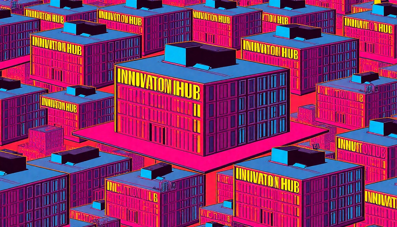 A highly stylized, abstract illustration of a modern, angular university building rendered in a bold, neon color palette with heavy black outlines, conveying the innovative and forward-looking nature of the planned Innovation Hub facility.