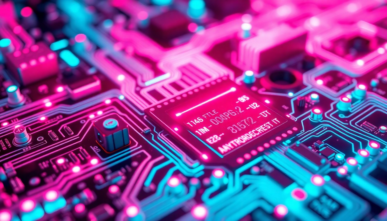 A highly detailed, glowing 3D macro illustration of a complex circuit board with pulsing neon cyan and magenta lights, conceptually representing the advanced digital infrastructure of the financial system.