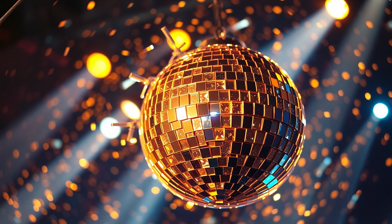 An abstract close-up photograph of shattered glass reflecting bright stage lights, conveying the celebratory mood of a live music event.