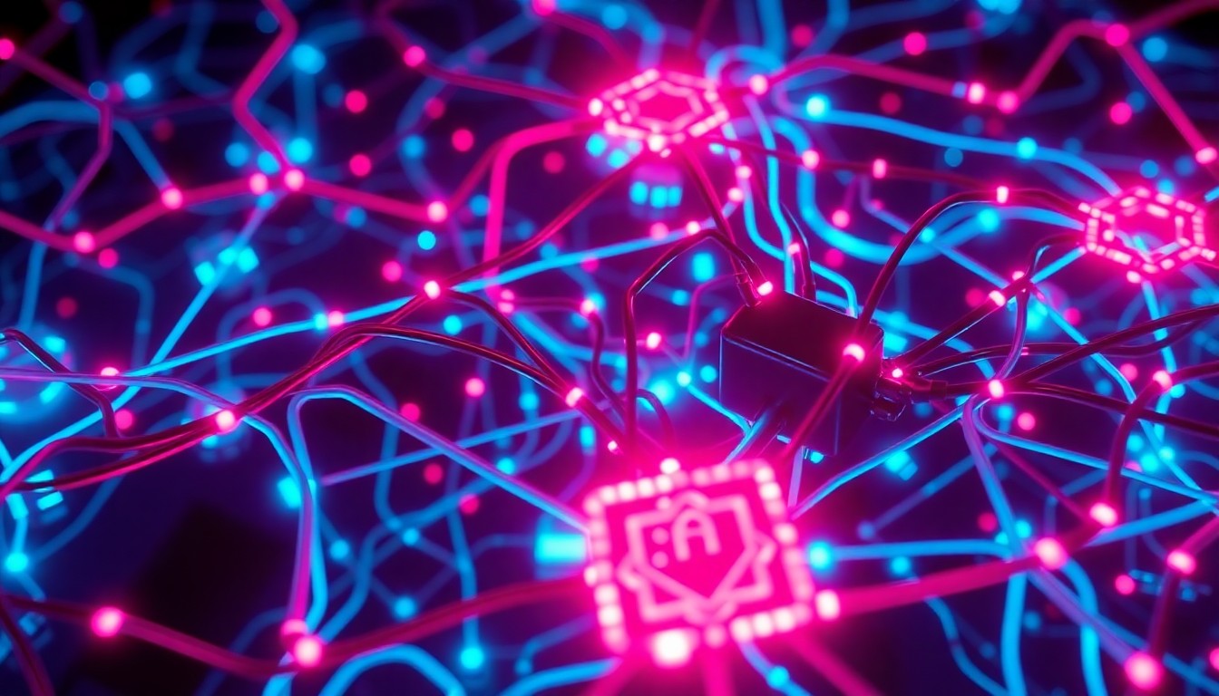 A complex, glowing network of interconnected cybersecurity infrastructure, with pulsing neon lights representing the high-stakes, high-tech nature of the offensive cyber debate.