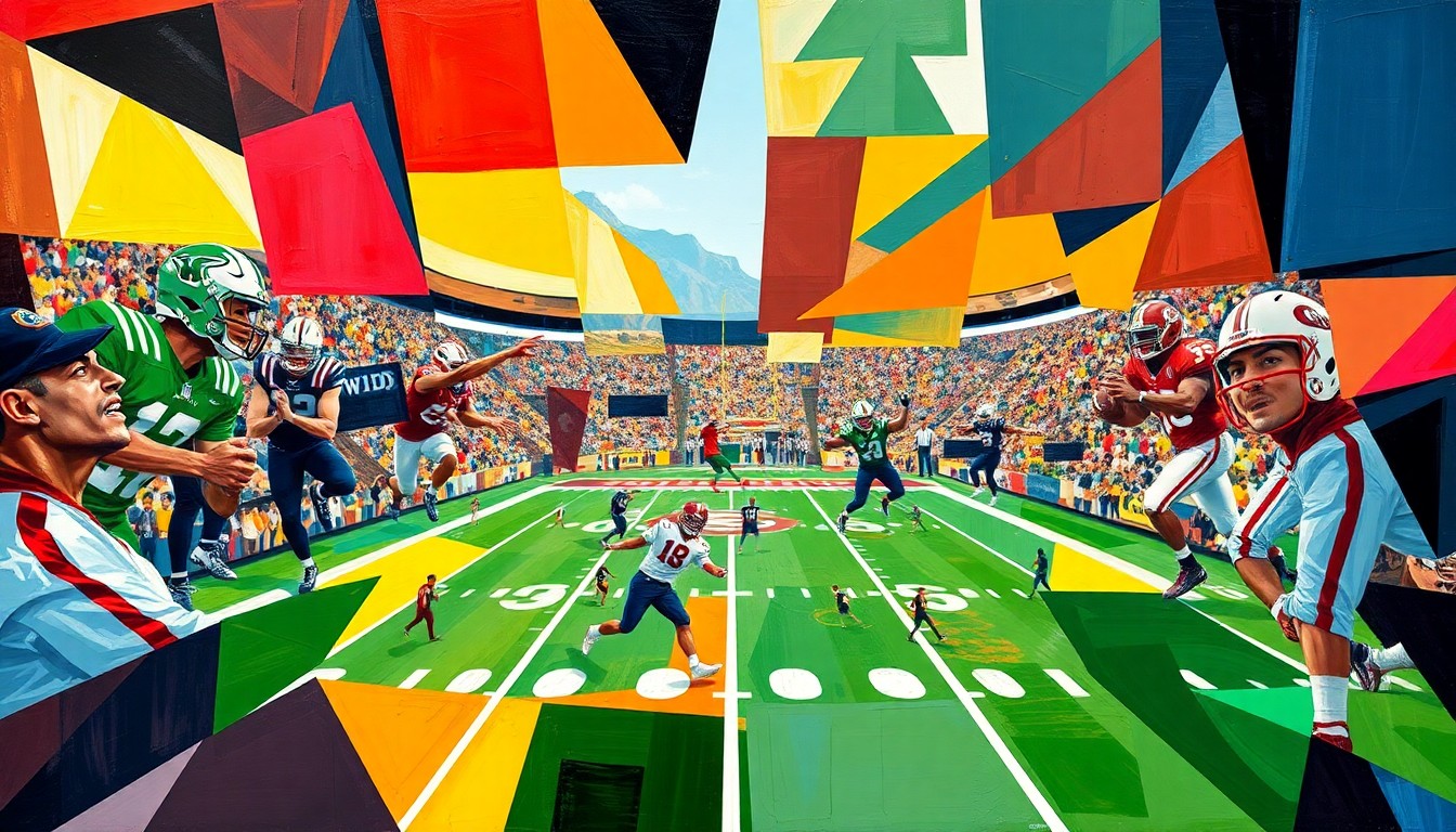A cubist, geometric painting depicting a college football rivalry game, with sharp, overlapping planes of color representing the teams and energy of the matchup.
