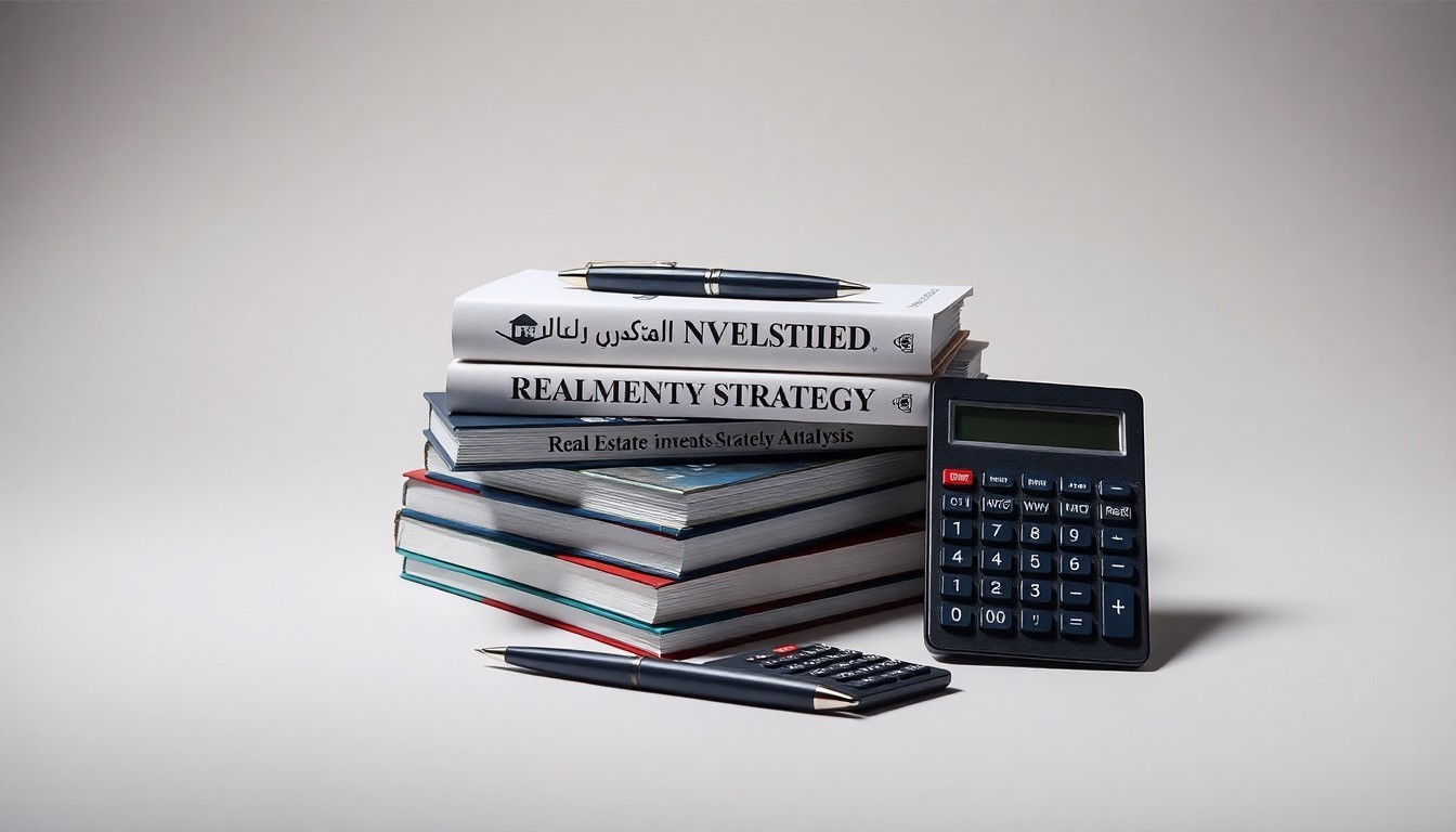 A minimalist studio photograph featuring a stack of real estate investment books, a pen, and a calculator arranged elegantly on a clean, monochromatic background, conceptually representing the analytical and strategic nature of real estate investing.