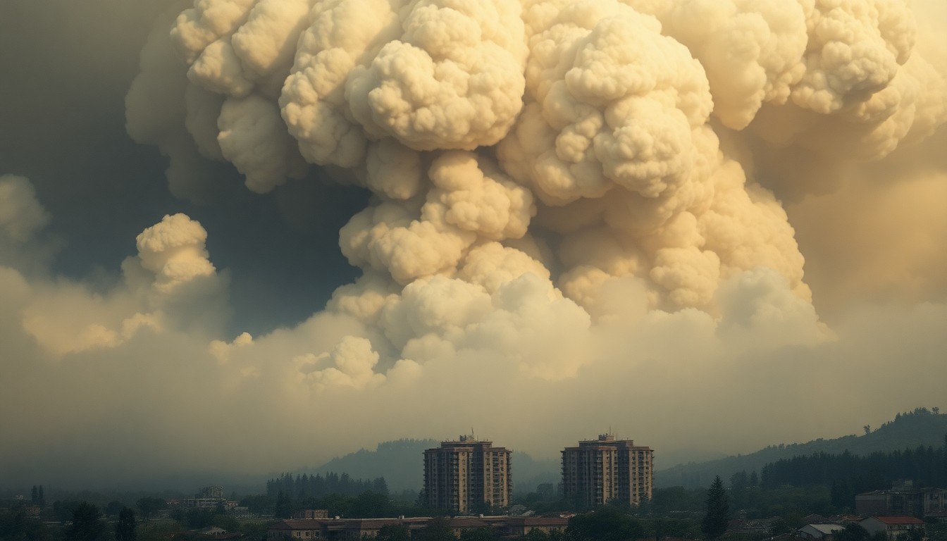 A sweeping, atmospheric landscape painting depicting a massive plume of thick smoke rising from a distant residential apartment building, obscuring the details and dwarfing the physical structure with the overwhelming scale of the natural disaster.