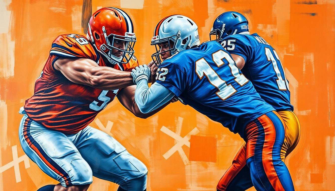 A fragmented, geometric painting depicting the intense physical clash between offensive and defensive linemen, with sharp planes of burnt orange, royal blue, and metallic silver conveying the dynamic energy of elite football.