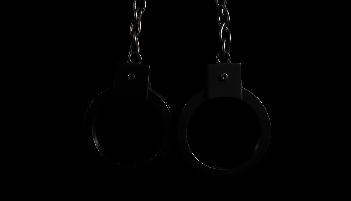 An extreme close-up of a pair of metal handcuffs against a completely black background, the harsh lighting creating dramatic shadows and textures to convey a serious, investigative mood without any words or symbols.