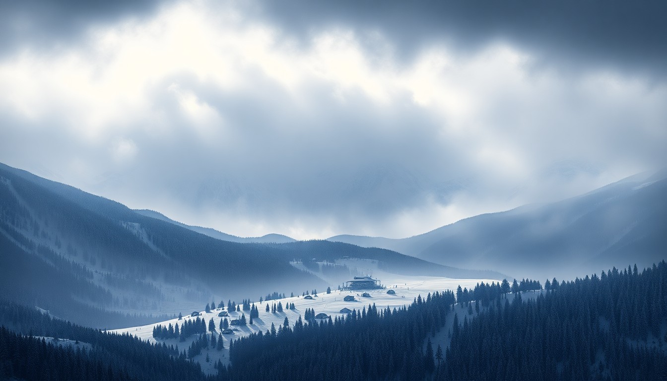 A vast, atmospheric landscape painting depicting a heavy snowstorm sweeping across a Colorado mountain range, with the silhouettes of ski lifts and lodges barely visible in the distance, dwarfed by the power of the weather.