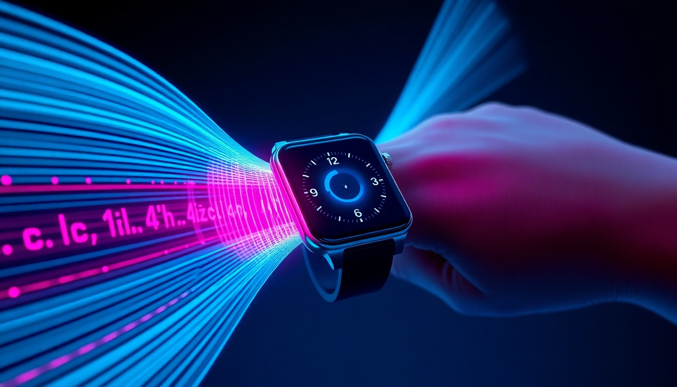 A highly detailed 3D illustration of a smartwatch emitting glowing cyan and magenta sound waves that are bouncing off a human hand, creating a cybernetic, high-tech visualization of the gesture tracking technology at the heart of this story.
