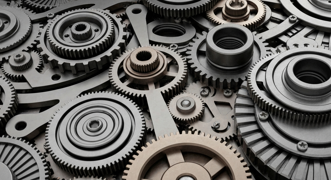 An extreme close-up photograph of complex, interlocking metal gears and components in shades of steel, bronze, and black, representing the complex financial and institutional infrastructure underlying the biotech industry.
