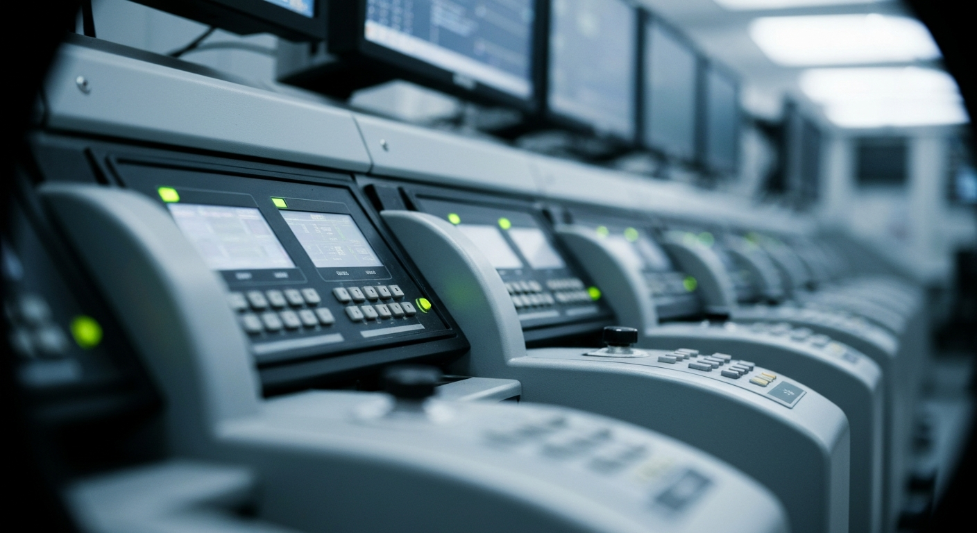 A highly detailed, black and white macro photograph of the inner workings of an industrial control panel, with various dials, switches, and electronic components, conveying the complex financial infrastructure behind publicly traded technology firms.