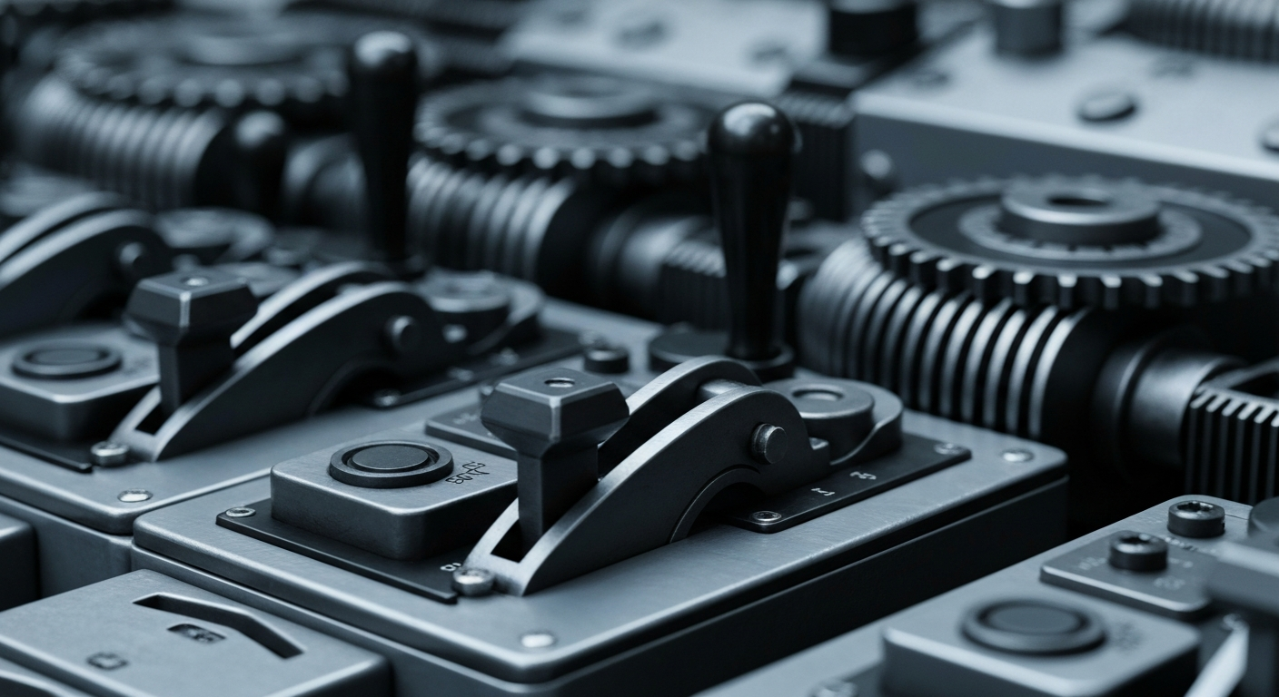 An extreme close-up photograph of the heavy, industrial machinery and equipment that powers the banking industry, with a focus on the intricate gears, levers, and control panels in shades of gray, black, and steel blue, conceptually representing the competitive forces facing smaller regional financial institutions.